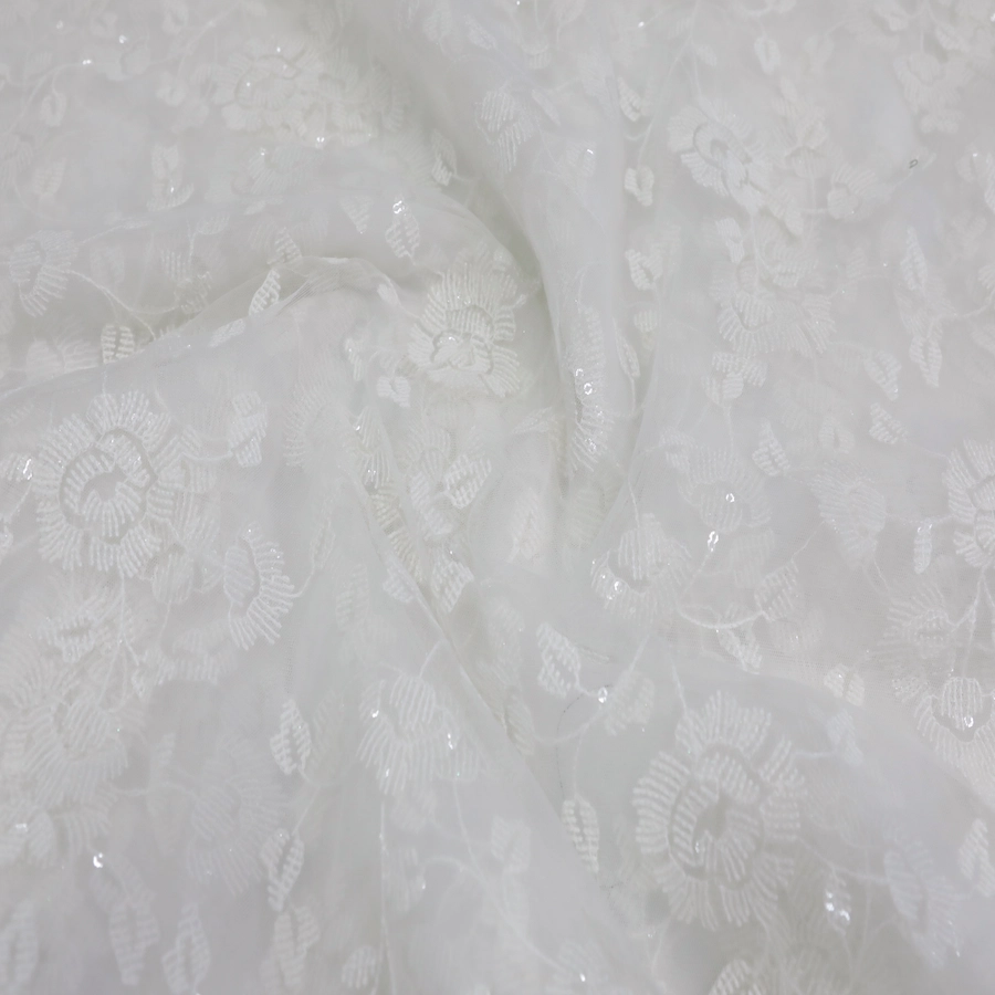 White Color Heavy Floral Sequins Embroidery Dyeable Net Fabric - Fabric