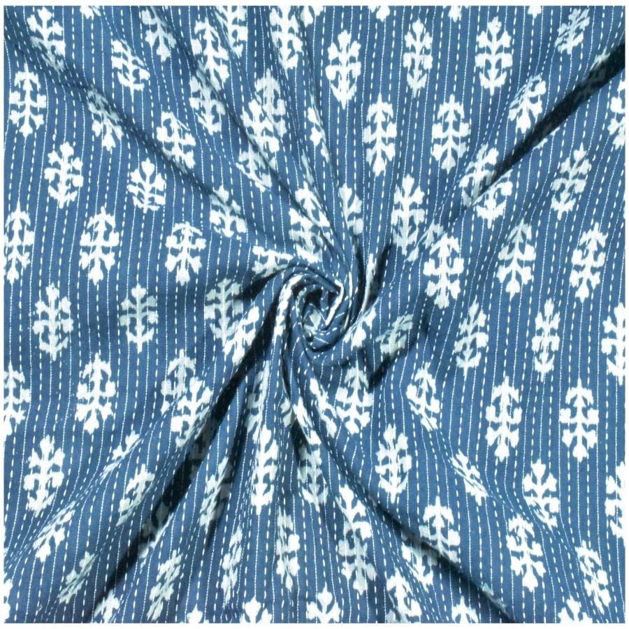 White Floral Butta Pattern With Line Katha Work Blue Color Cotton ...