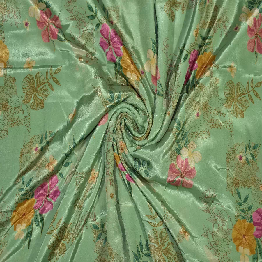 Mint Green Color Digital Floral Print Natural Crepe Fabric - Fabric