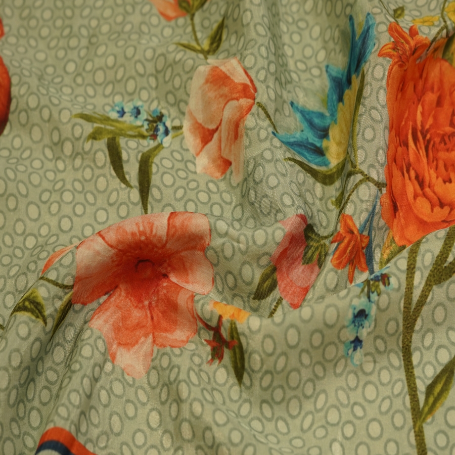 Green Color Digital Floral Print Natural Crepe Fabric - Fabric